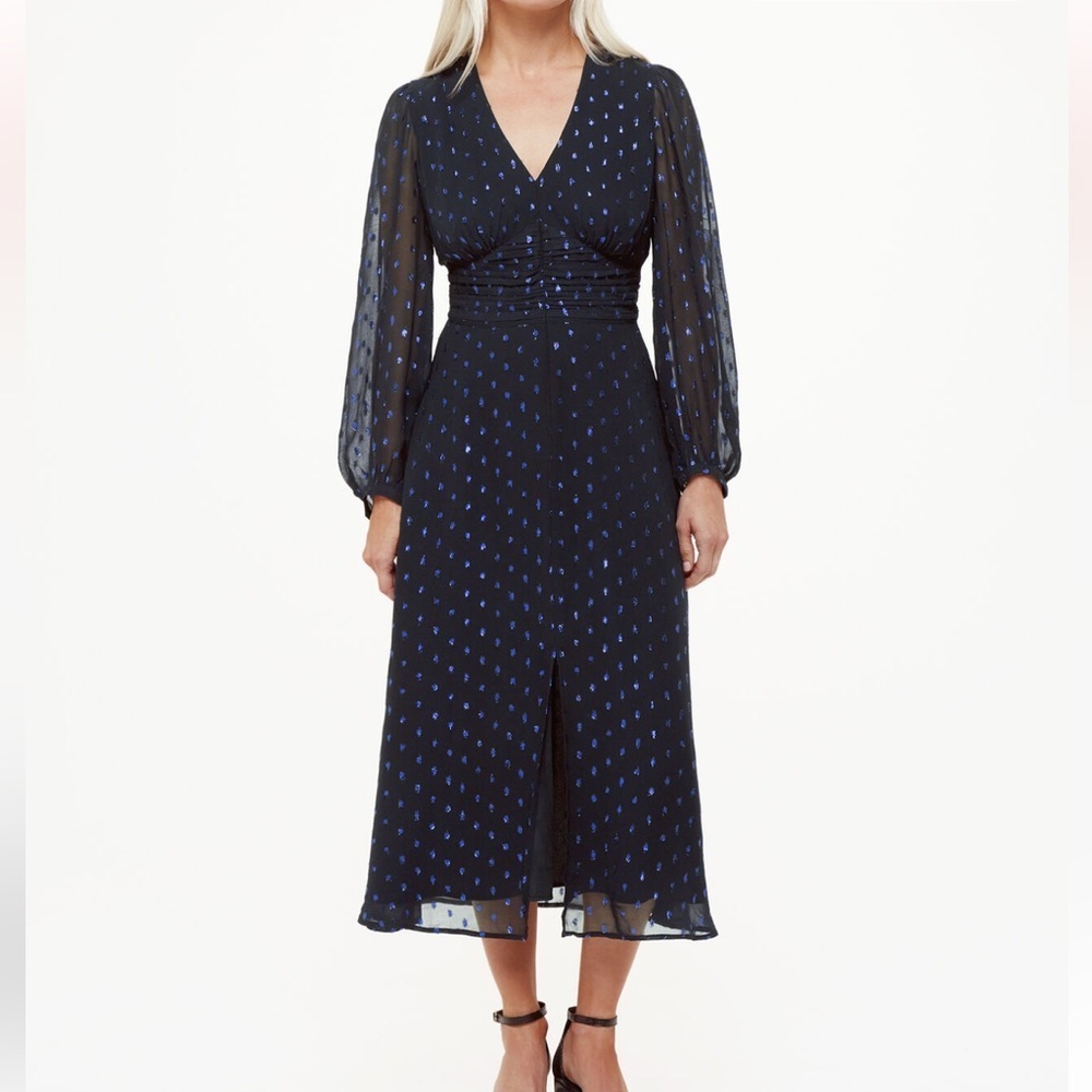NWOT WHISTLES Navy Metallic Dobby Midi Dress